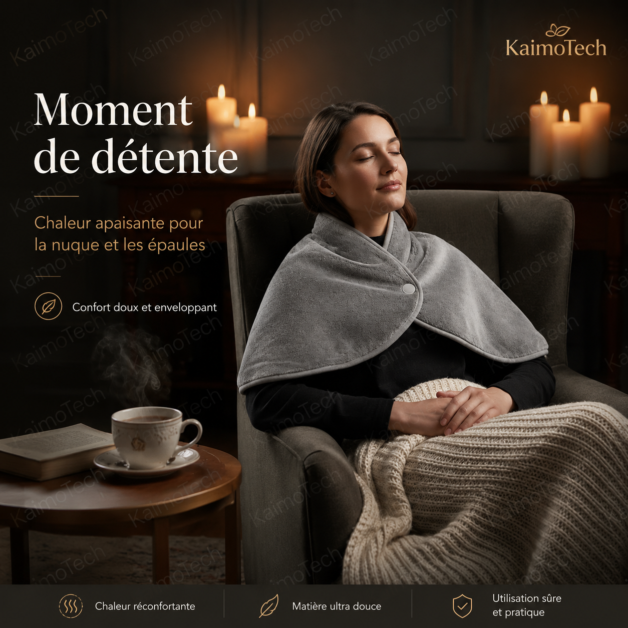 Femme utilisant le coussin chauffant KaimoTech pour la nuque et les épaules dans une ambiance détente avec chaleur réconfortante