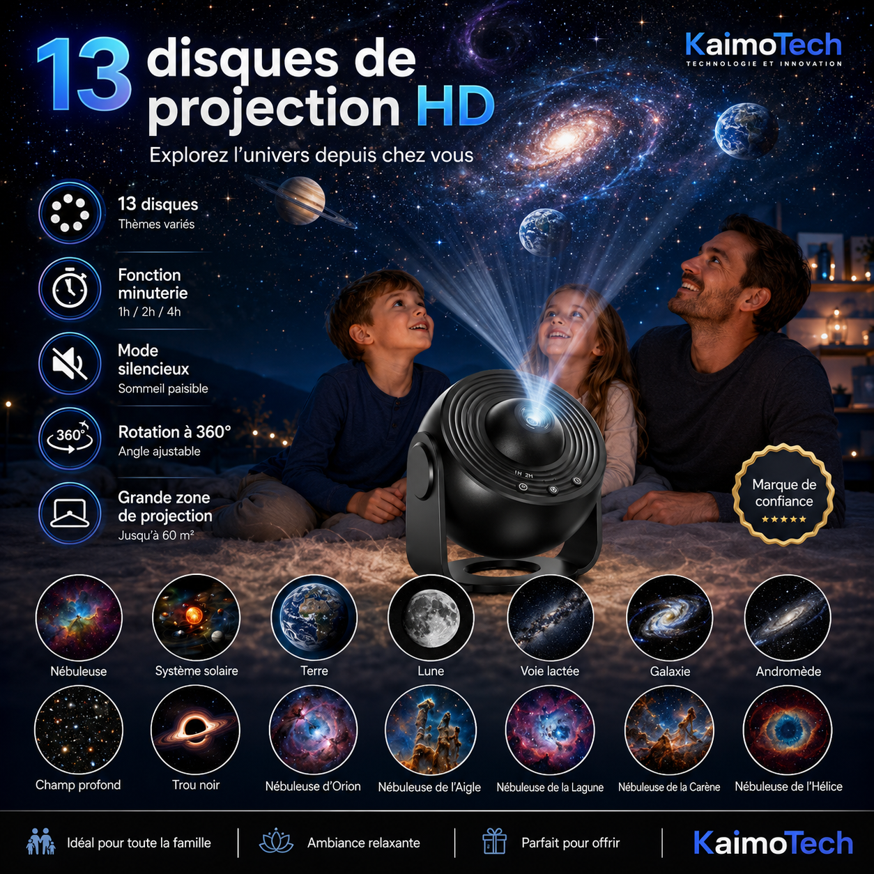 Projecteur galaxie KaimoTech avec 13 disques de projection HD, rotation à 360°, minuterie 1 h, 2 h et 4 h, mode silencieux et grande zone de projection pour créer une ambiance étoilée immersive en famille.
