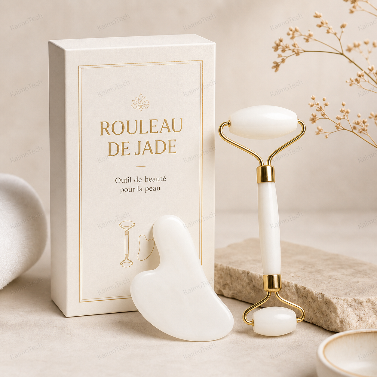 Coffret rouleau de jade blanc avec pierre Gua Sha assortie, présenté dans une ambiance spa douce et élégante. Outil de beauté pour le visage idéal pour une routine de massage quotidienne, avec pierre blanche polie et finitions dorées pour lisser l’apparence de la peau et offrir un moment de bien-être raffiné.
