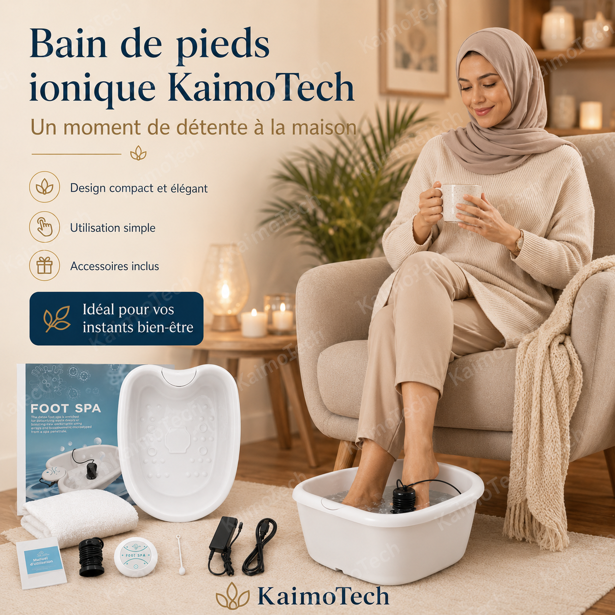 Bain de pieds ionique KaimoTech avec accessoires pour détente et bien-être à domicile.