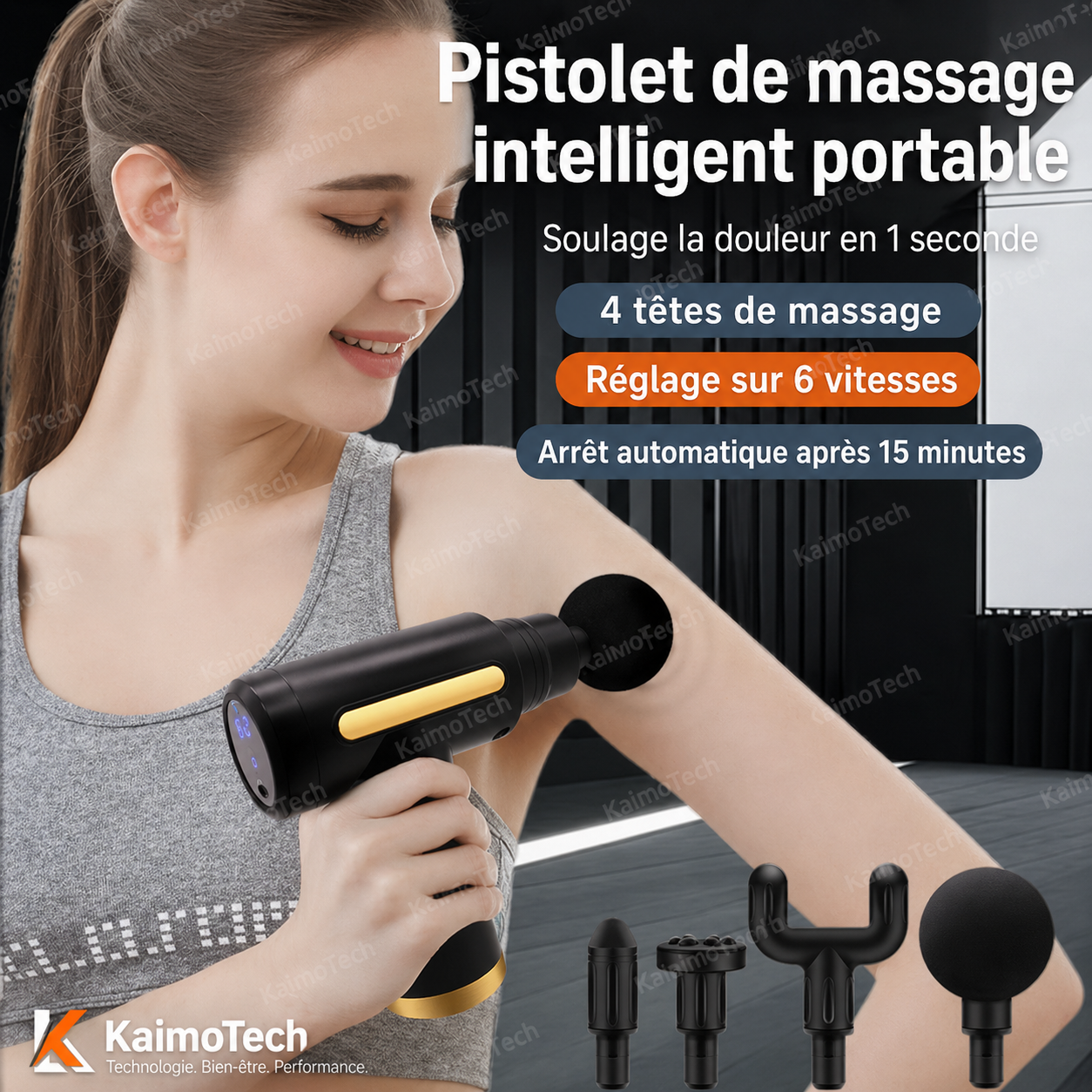 Pistolet de massage portable intelligent – 4 têtes de massage interchangeables, 6 niveaux d'intensité, minuterie automatique 15 minutes, idéal pour soulager les douleurs musculaires
