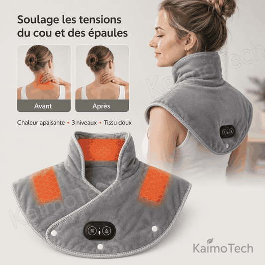 GIF du coussin chauffant KaimoTech pour la nuque et les épaules avec zone de chaleur ciblée, surface de couverture large et produit USB