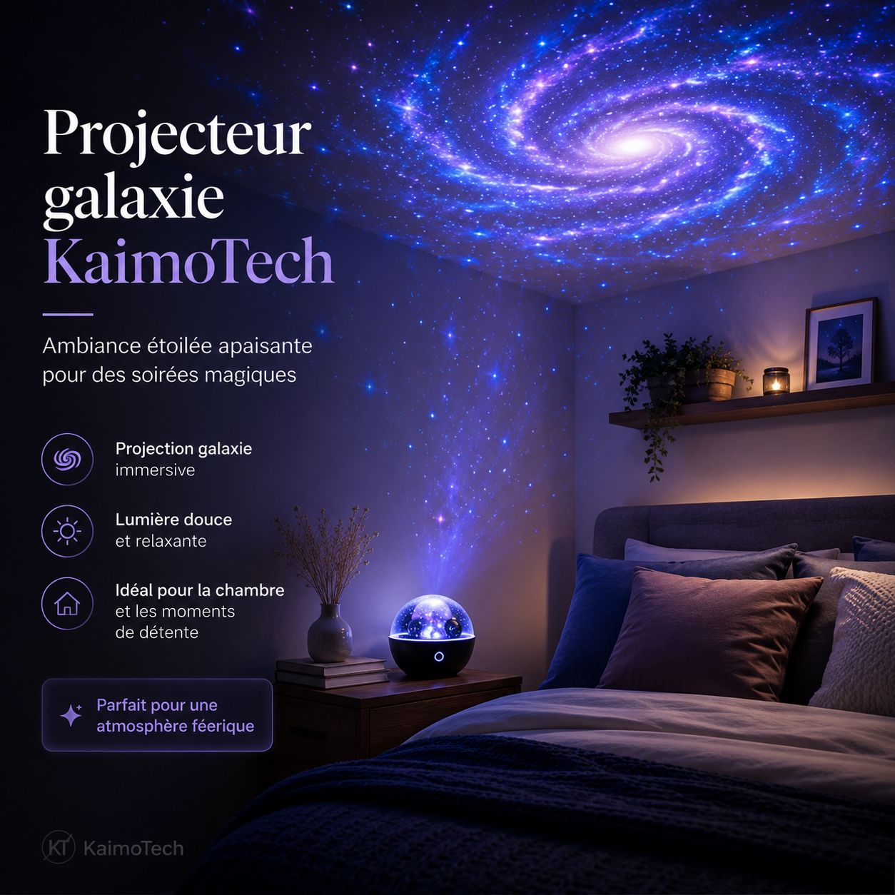 Projecteur galaxie KaimoTech avec projection galaxie immersive, ciel étoilé bleu-violet et lumière douce, idéal pour créer une ambiance relaxante dans une chambre ou un espace détente.