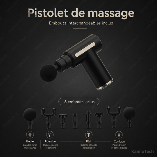 GIF pistolet de massage intelligent portable KaimoTech – soulage la douleur en 1 seconde, 4 têtes de massage, réglage sur 6 vitesses, arrêt automatique après 15 minutes, utilisé par une femme sur le bras

