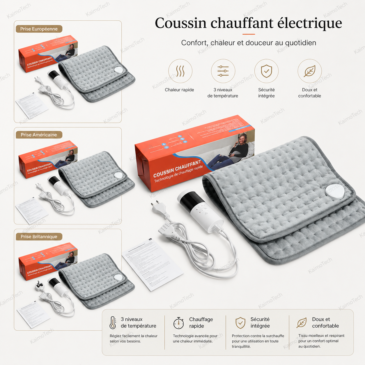 Coussin chauffant électrique KaimoTech — contenu complet de la boîte avec 3 versions de prises (européenne, américaine, britannique), coussin gris velours, contrôleur rotatif, câble blanc, notice d'instructions — 3 niveaux de température, chauffage rapide, sécurité intégrée, tissu doux et confortable

