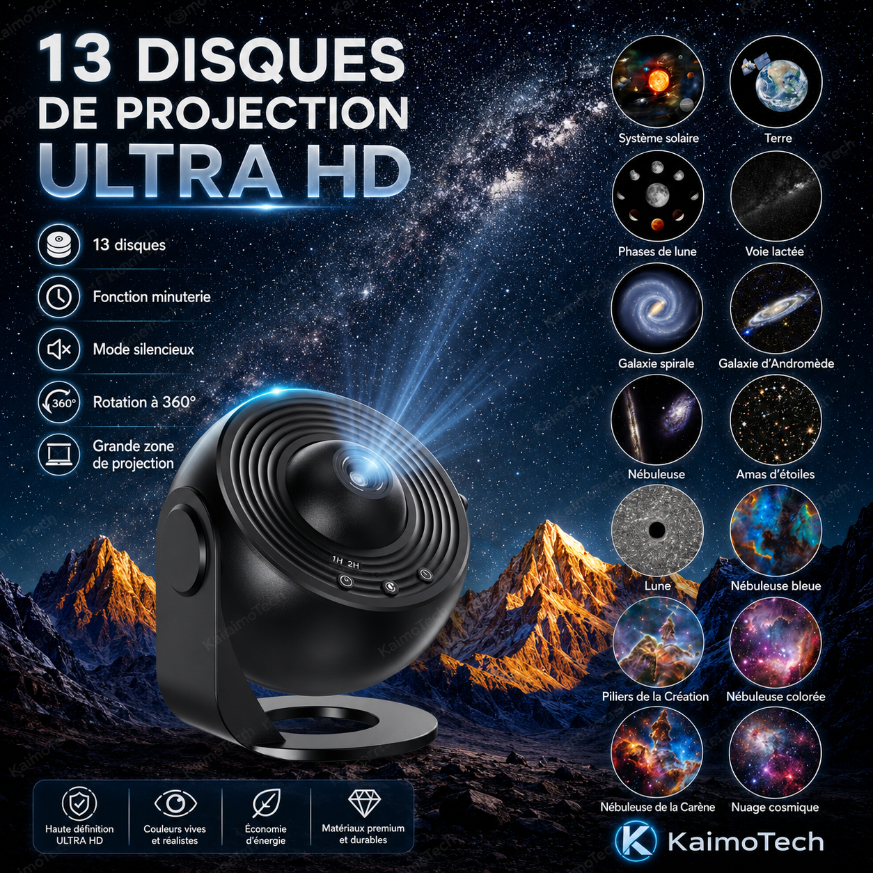 Projecteur galaxie KaimoTech avec 13 disques de projection Ultra HD, effets système solaire, lune, voie lactée et nébuleuses, rotation à 360°, minuterie, mode silencieux et grande zone de projection pour chambre.