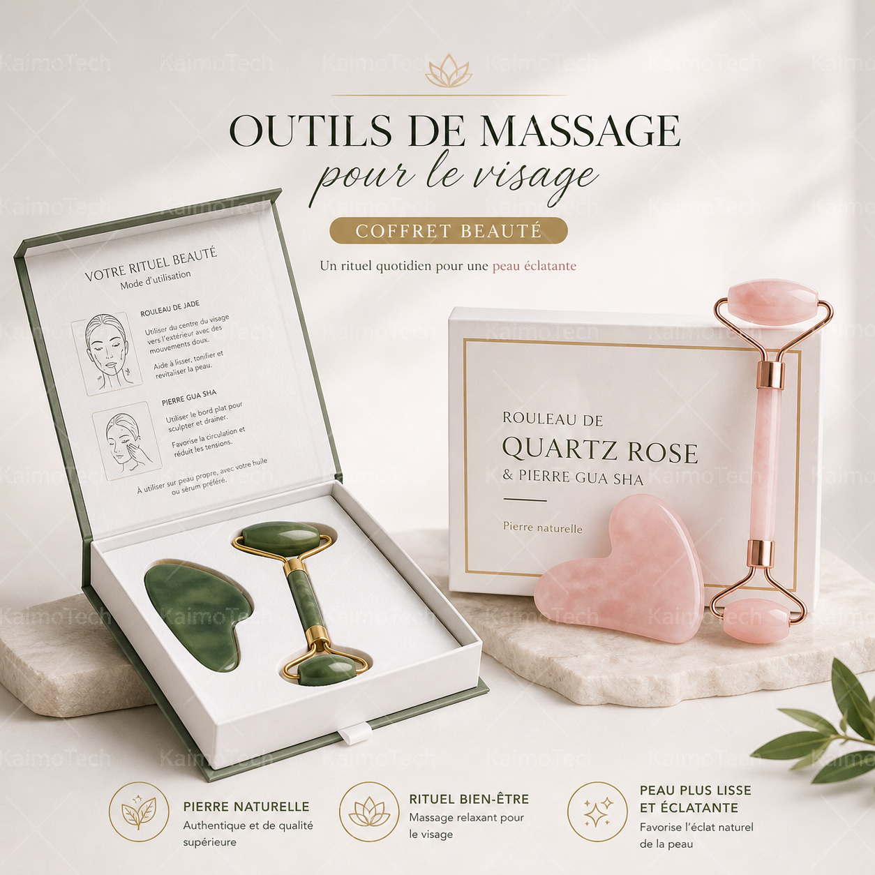 Coffrets d’outils de massage pour le visage avec rouleaux en quartz rose et jade, accompagnés de pierres Gua Sha assorties. Présentation élégante de routine beauté quotidienne, idéale pour favoriser la détente, lisser l’apparence de la peau et offrir un moment de bien-être raffiné.