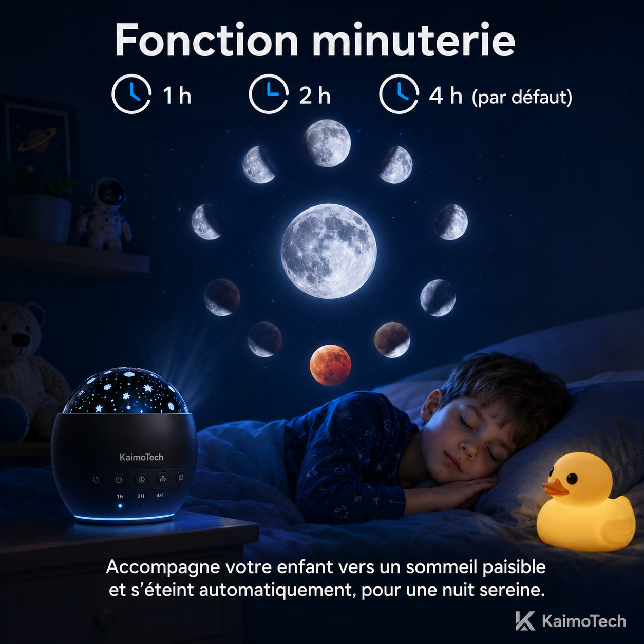 Projecteur galaxie KaimoTech avec fonction minuterie 1 h, 2 h et 4 h, projection des phases de lune et ciel étoilé, idéal pour accompagner le sommeil des enfants avec une lumière douce et apaisante.