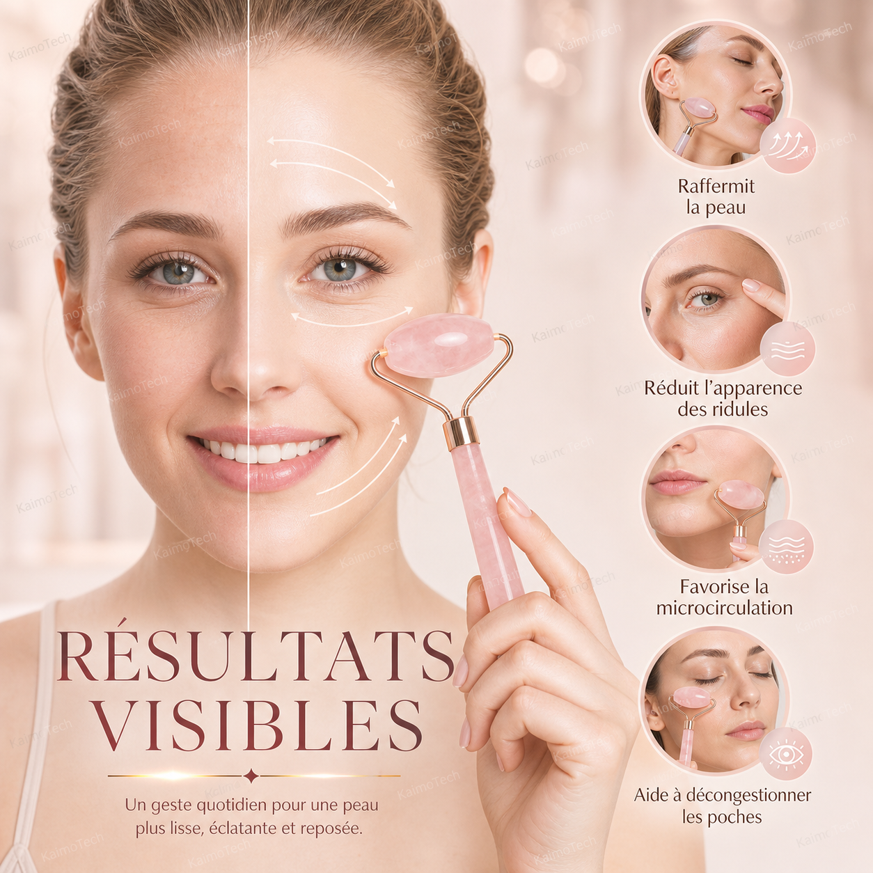 Rouleau de massage en quartz rose pour le visage, conçu pour une routine beauté quotidienne. Aide à raffermir la peau, réduire l’apparence des ridules, favoriser la microcirculation et décongestionner les poches pour une peau plus lisse, éclatante et reposée.