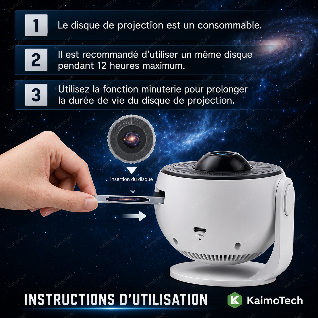 Projecteur galaxie KaimoTech avec insertion de disque de projection, disque consommable et fonction minuterie pour préserver les accessoires, idéal pour une projection galaxie durable à la maison.