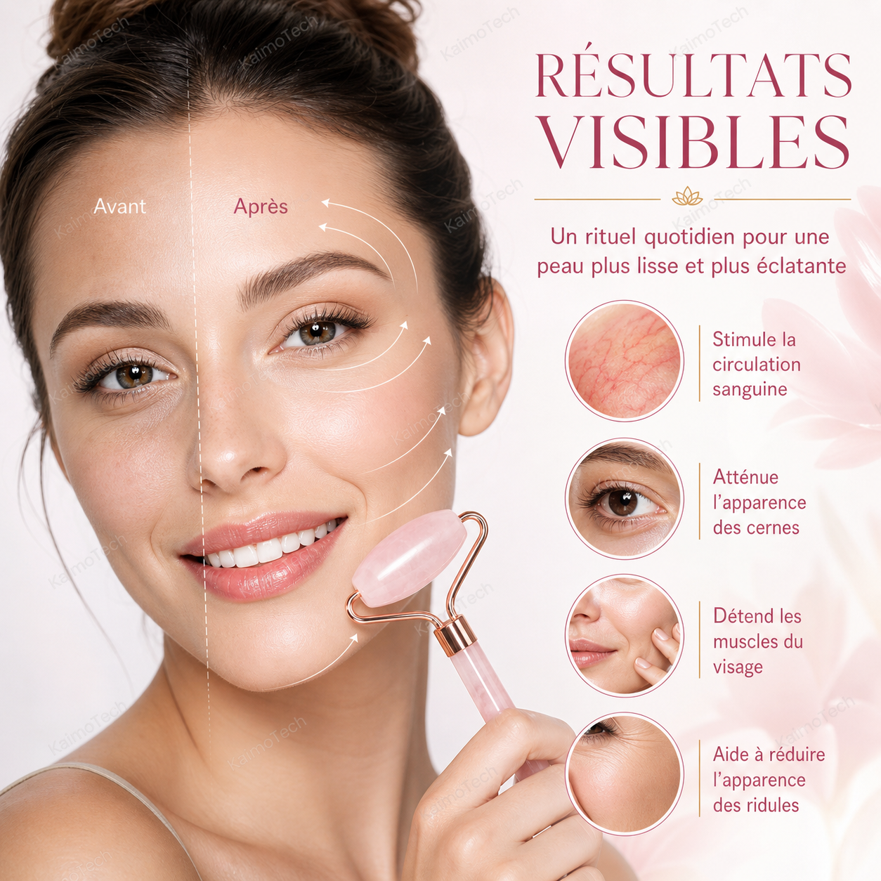 Rouleau de massage en quartz rose pour le visage, présenté avec un visuel avant/après et des conseils d’utilisation. Outil de beauté conçu pour une routine quotidienne, aidant à stimuler la circulation sanguine, atténuer l’apparence des cernes, détendre les muscles du visage et réduire l’apparence des ridules.