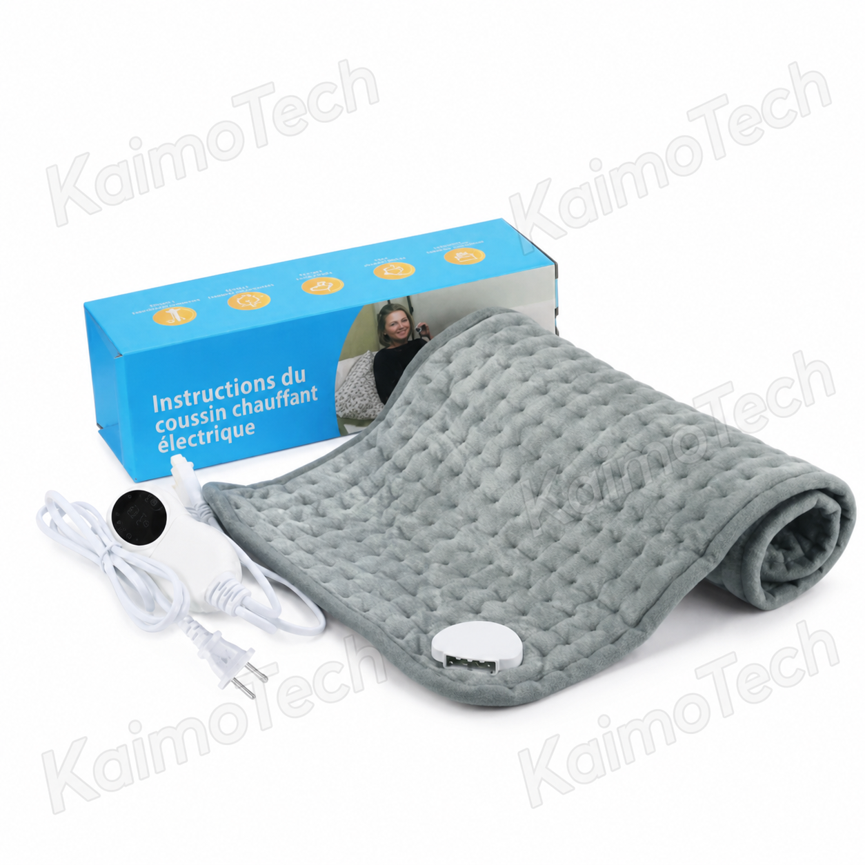 Coussin chauffant électrique KaimoTech — contenu de la boîte : coussin gris velours enroulé, câble avec contrôleur, prise électrique et boîtier de connexion magnétique — boîte bleue avec notice d'instructions incluse