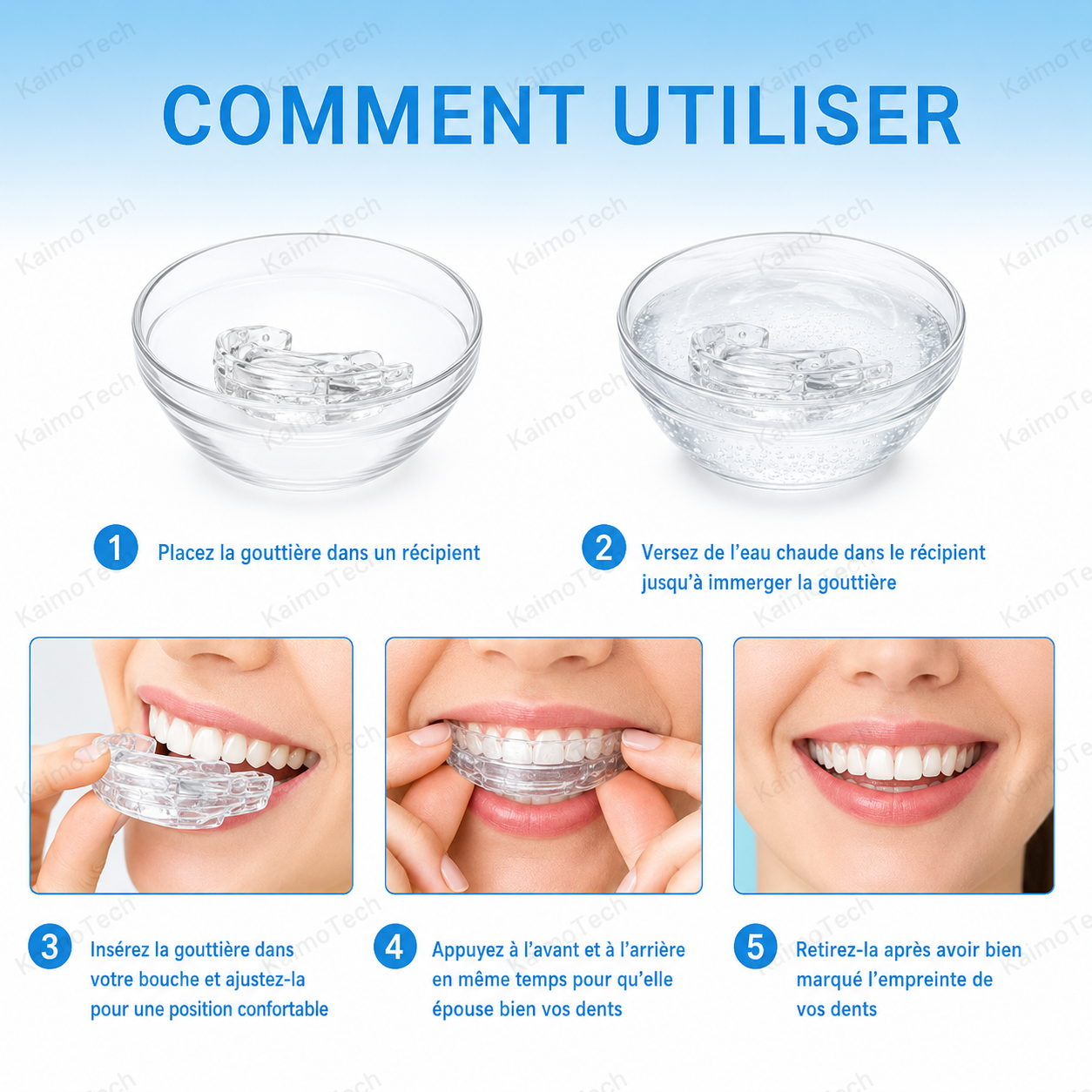 Guide visuel KaimoTech pour gouttière anti-ronflement réglable, expliquant les étapes d’utilisation : placer la gouttière dans un récipient, verser de l’eau chaude, insérer en bouche, ajuster aux dents et retirer après empreinte.