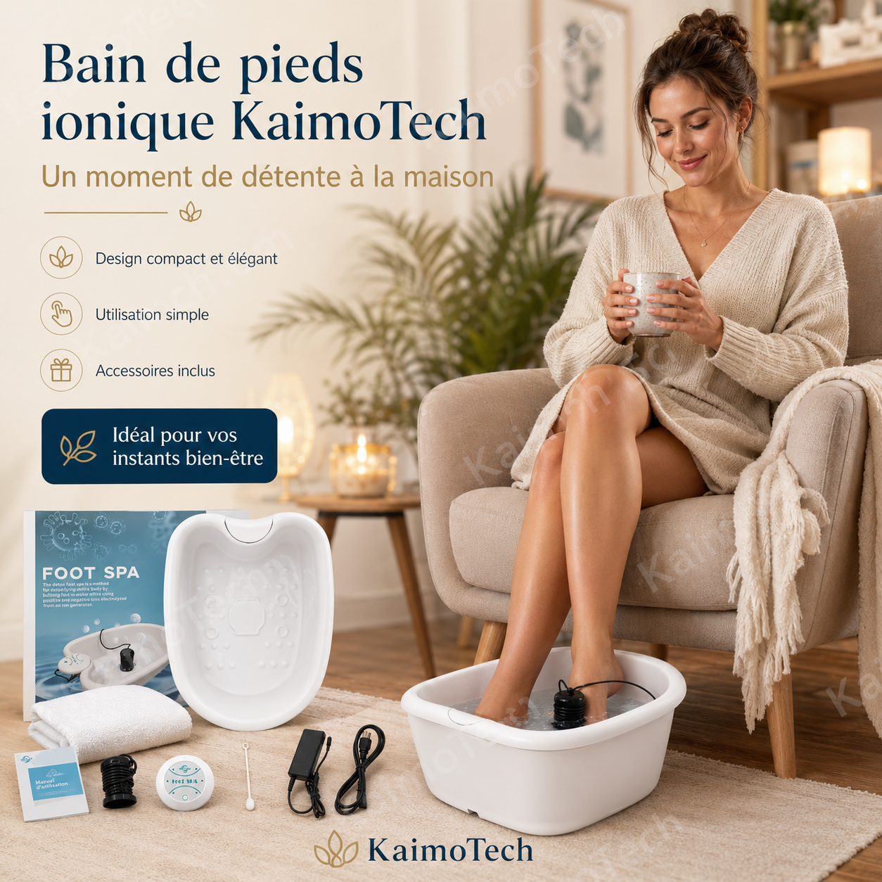 Bain de pieds ionique KaimoTech avec accessoires inclus, utilisé à domicile dans une ambiance cosy. Design compact, utilisation simple et moment bien-être à la maison.