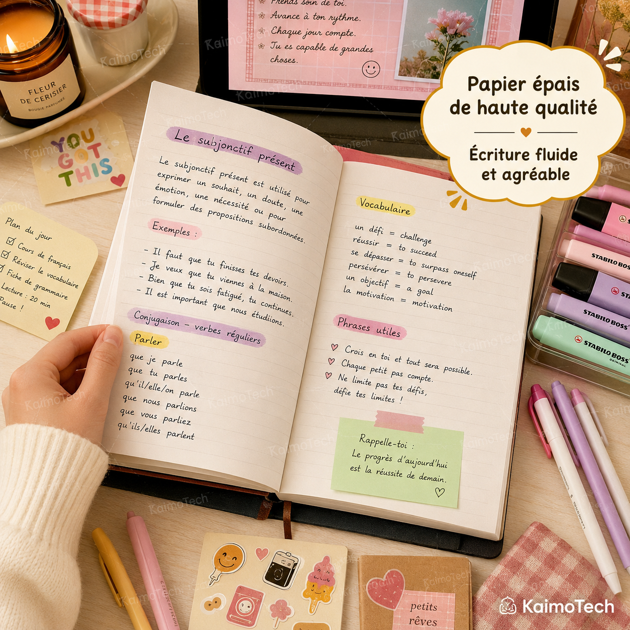 Carnet A5 KaimoTech avec papier épais de haute qualité, pages lignées, écriture fluide et agréable, idéal pour prendre des notes, réviser, organiser ses idées, écrire un journal et planifier son quotidien