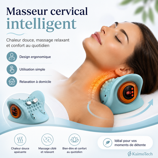 Masseur cervical intelligent KaimoTech avec chaleur douce, massage relaxant et design ergonomique, présenté en utilisation à domicile pour favoriser la détente du cou et le confort quotidien.