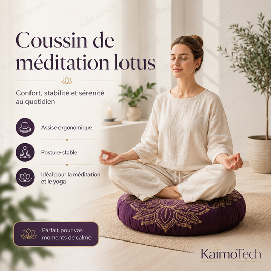 Coussin de méditation lotus KaimoTech violet, utilisé dans un intérieur zen et lumineux, conçu pour offrir une assise ergonomique, une posture stable et un moment de calme au quotidien.