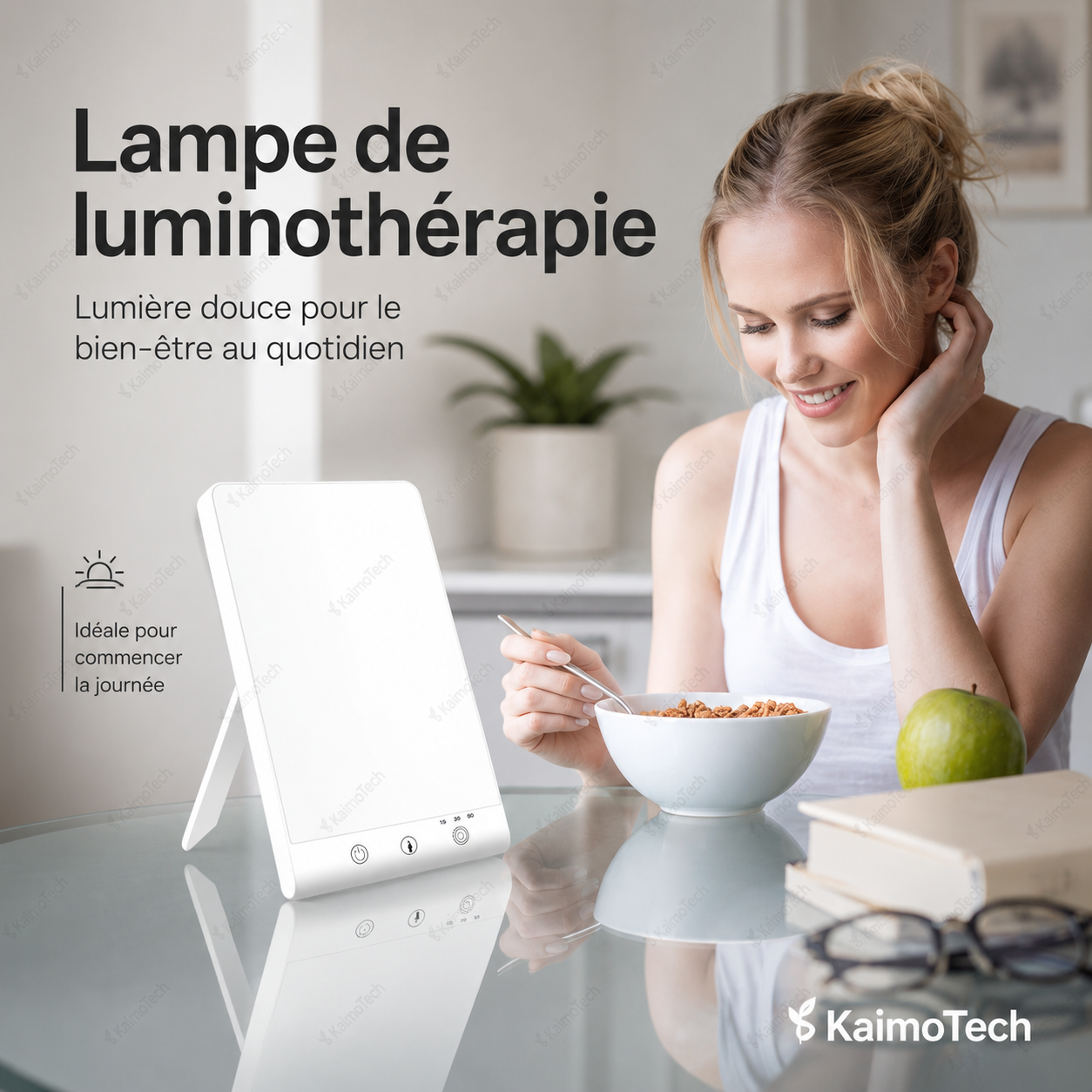 Lampe de luminothérapie KaimoTech avec lumière douce pour le bien-être au quotidien, idéale le matin au petit-déjeuner, avec design compact, support inclinable et commande tactile