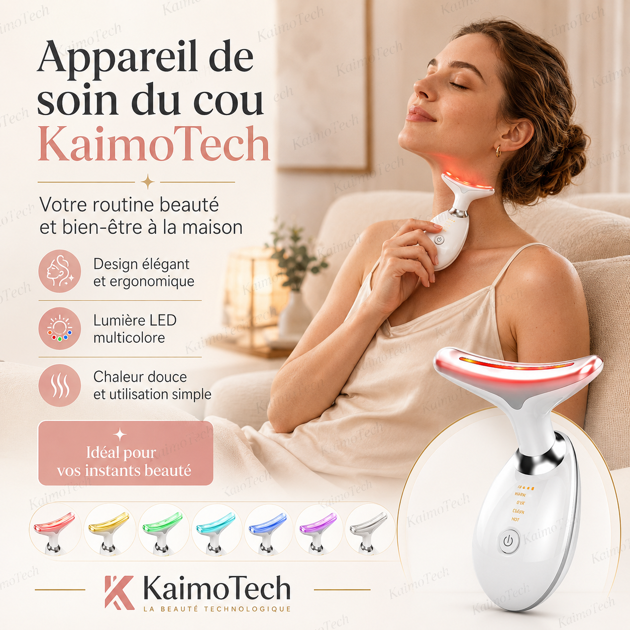 Appareil de soin du cou KaimoTech utilisé par une femme dans un intérieur chaleureux. Dispositif LED visage et cou avec lumière rouge, design ergonomique, chaleur douce et utilisation simple pour une routine beauté bien-être à la maison.