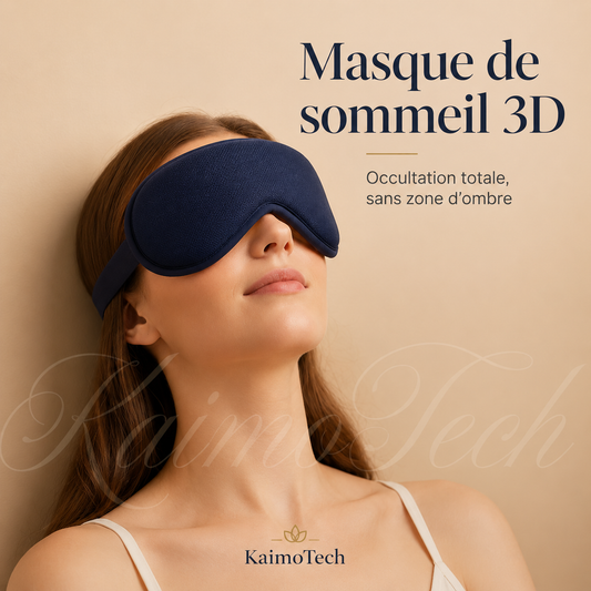 Masque de sommeil 3D KaimoTech avec occultation totale, porté par une femme dans une ambiance douce et relaxante.
