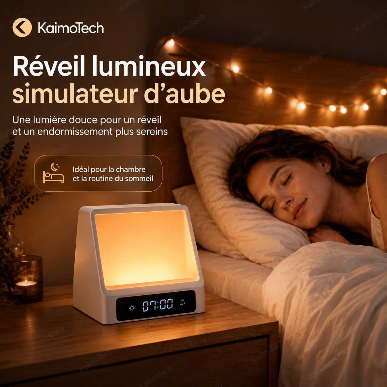 Réveil lumineux simulateur d’aube KaimoTech avec lumière douce, horloge intégrée et ambiance apaisante pour la chambre, le réveil progressif et la routine du sommeil.