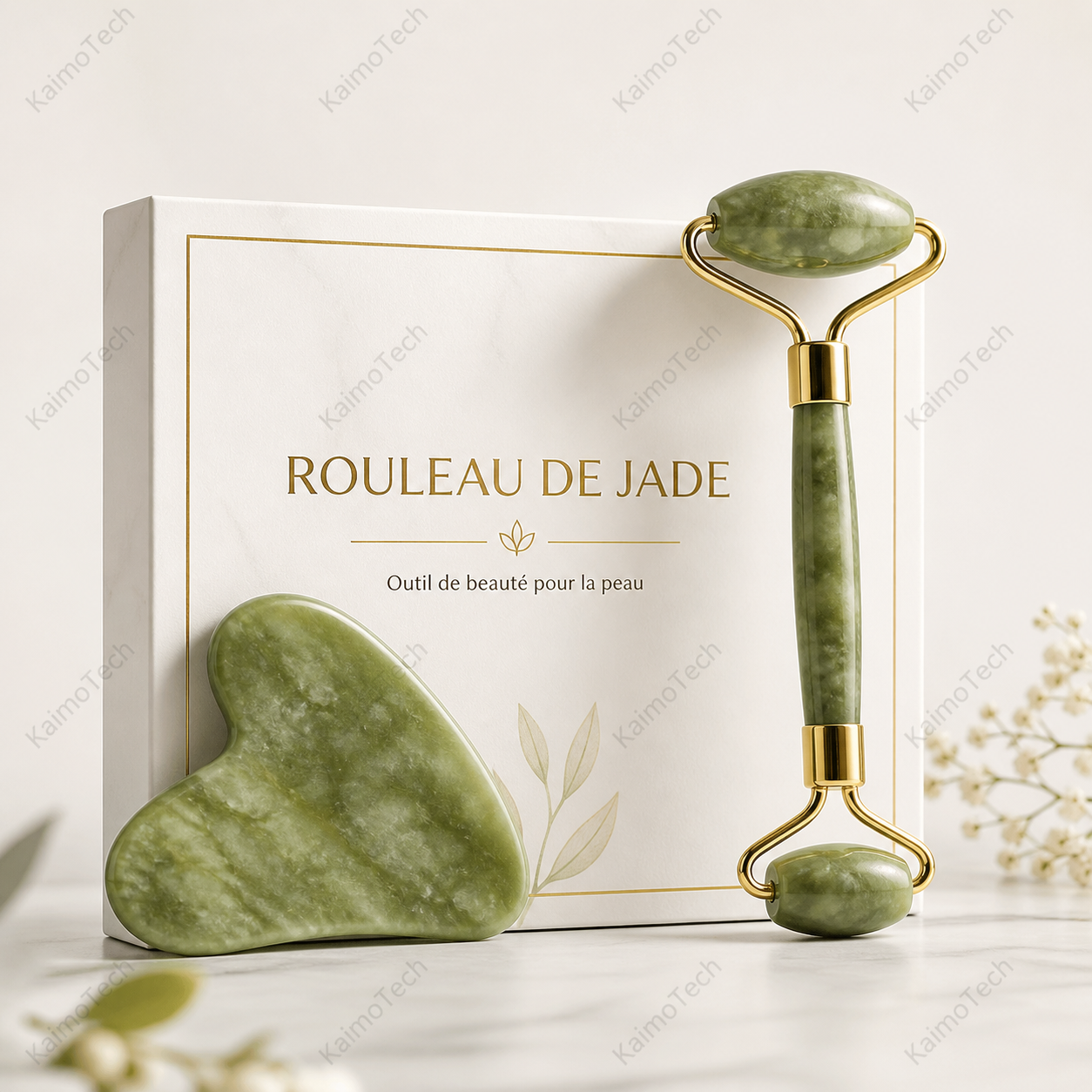 Coffret rouleau de jade avec pierre Gua Sha assortie, présenté dans un style élégant et naturel. Outil de beauté pour le visage idéal pour une routine de massage quotidienne, avec finitions dorées et pierre verte polie pour une expérience bien-être raffinée.
