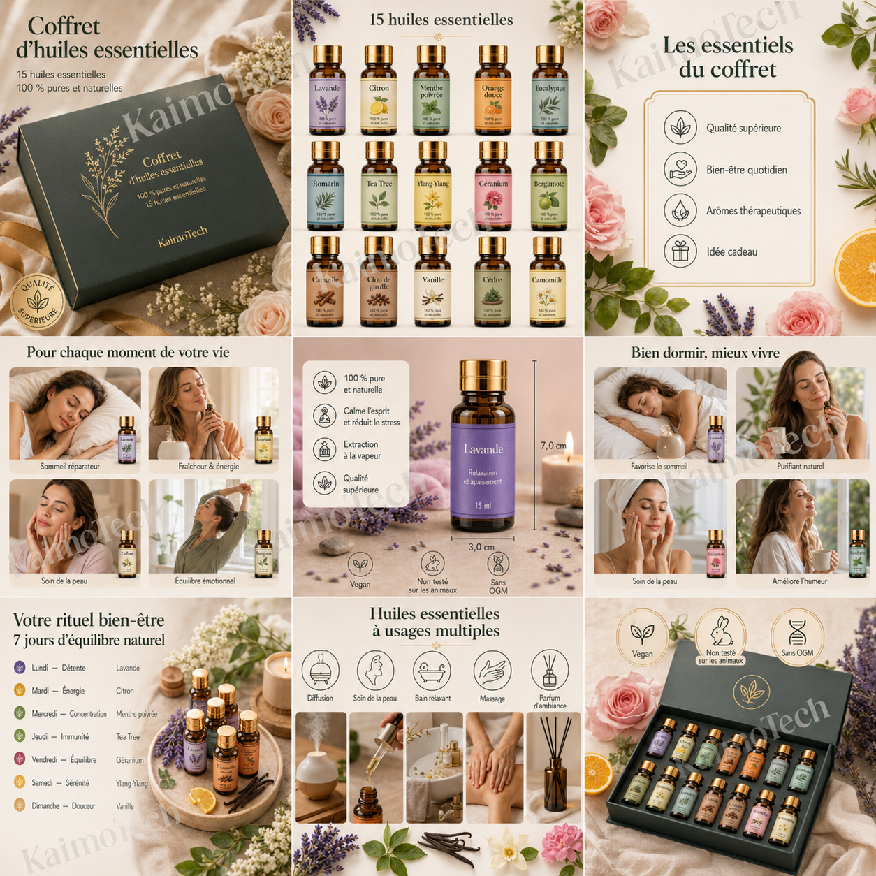 Coffret de 15 huiles essentielles distribué par KaimoTech, présenté avec ses flacons, ses bienfaits au quotidien, ses usages multiples et ses essentiels bien-être pour la relaxation, le sommeil, l’énergie et le soin de la peau.