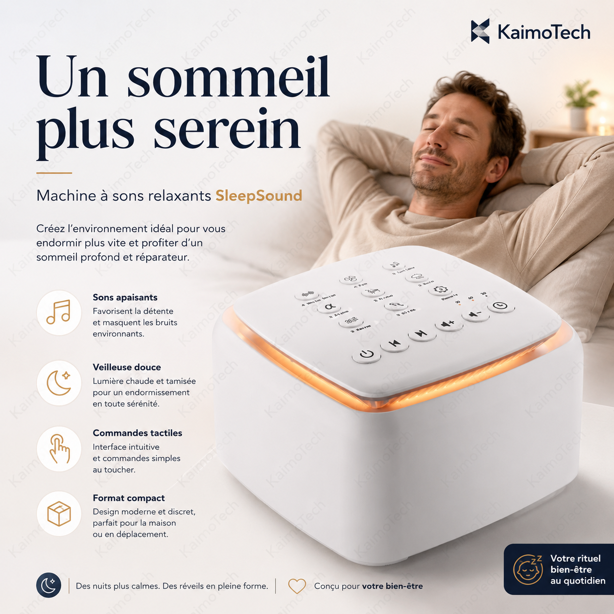 Machine à sons relaxants SleepSound KaimoTech avec veilleuse intégrée, 30 sons apaisants, commandes tactiles et format compact pour favoriser une ambiance calme dans la chambre, au bureau ou en voyage