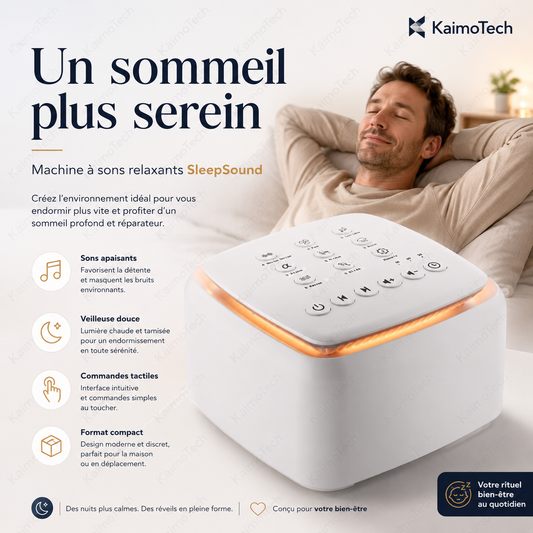 Machine à sons relaxants SleepSound KaimoTech avec veilleuse intégrée, 30 sons apaisants, commandes tactiles et format compact pour favoriser une ambiance calme dans la chambre, au bureau ou en voyage