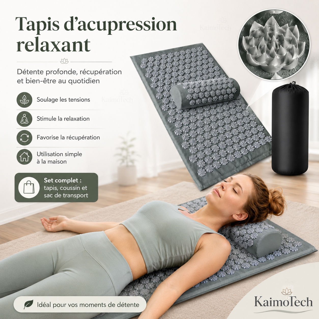 Tapis d’acupression relaxant KaimoTech avec coussin et sac de transport, conçu pour favoriser la détente, soulager les tensions et améliorer le bien-être au quotidien à domicile.