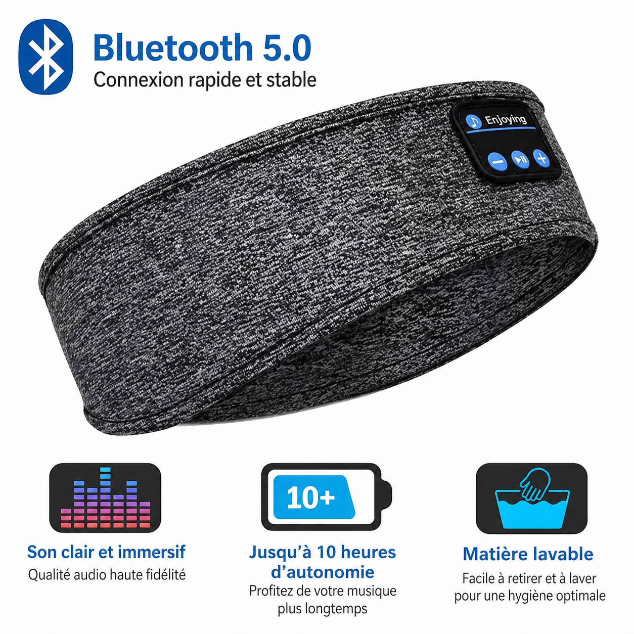 Bandeau sommeil Bluetooth 5.0 noir - écouteurs intégrés ultra-plats