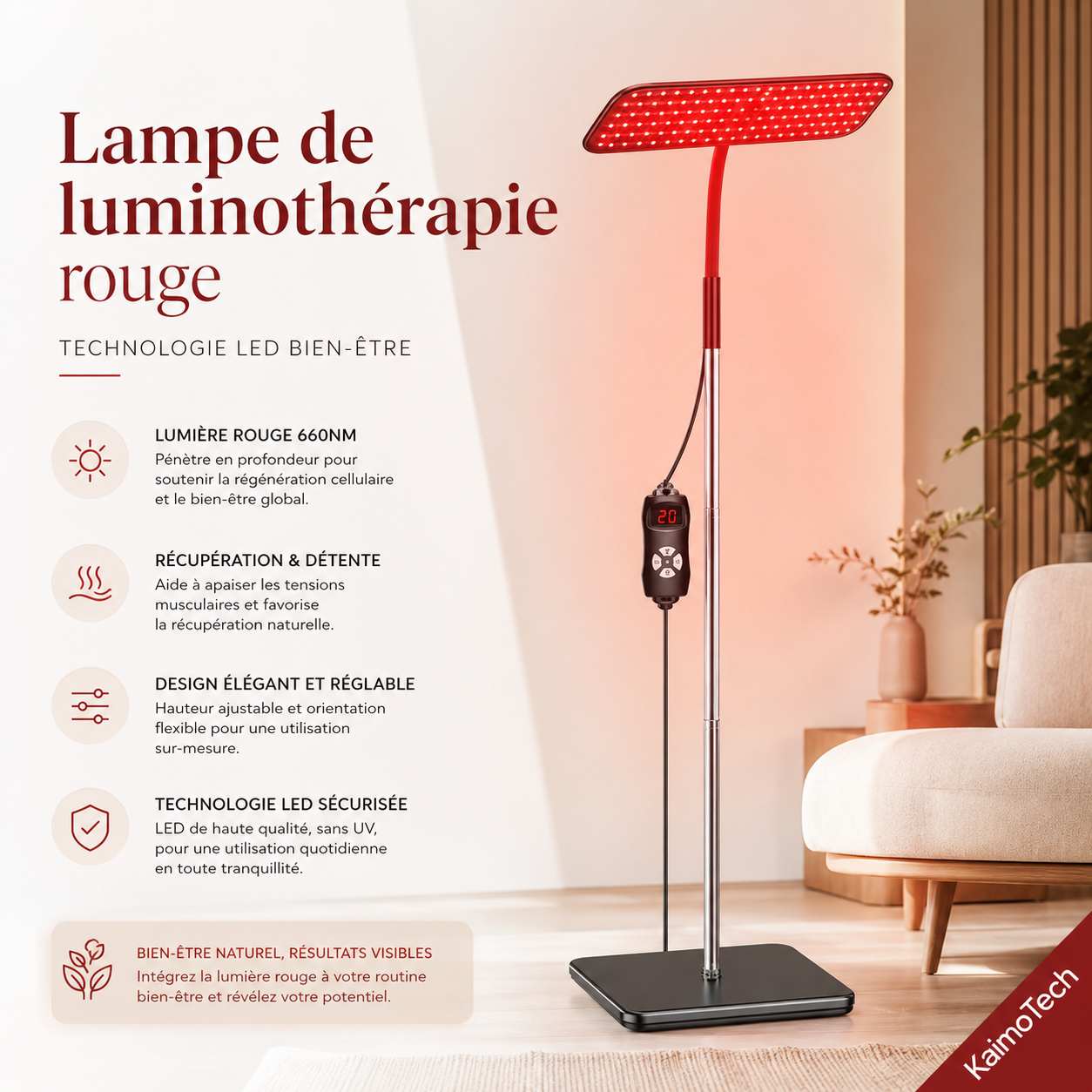 Lampe de luminothérapie rouge distribuée par KaimoTech, équipée d’une technologie LED bien-être, d’un design réglable et sécurisé, idéale pour la récupération, la détente et une utilisation quotidienne à domicile.