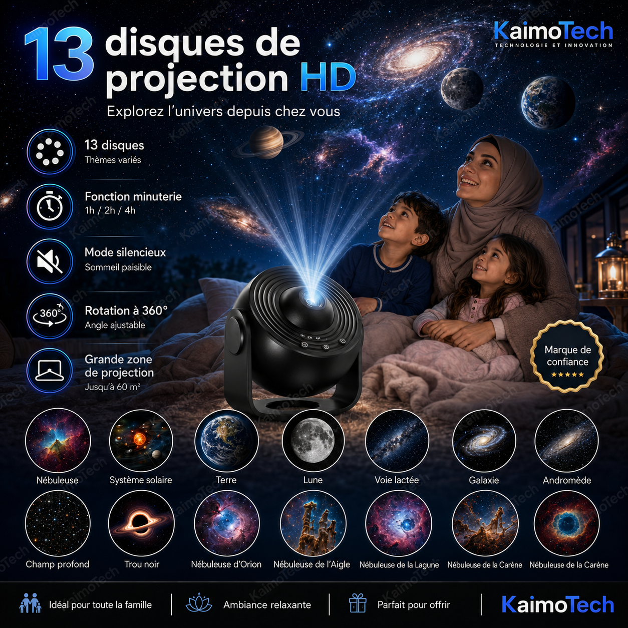 Projecteur ciel étoilé KaimoTech avec 13 disques de projection HD, effets galaxie, nébuleuses et planètes, rotation à 360°, minuterie et mode silencieux pour une ambiance relaxante en famille.