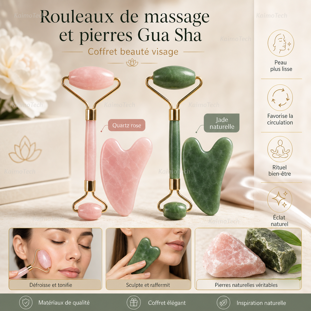 Coffret beauté visage avec rouleaux de massage en quartz rose et jade naturel, accompagnés de pierres Gua Sha assorties. Outils de massage conçus pour une routine bien-être quotidienne, aidant à lisser, tonifier et raffermir l’apparence de la peau, favoriser la circulation et offrir un moment de relaxation élégant.