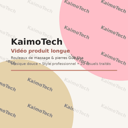 GIF promotionnel KaimoTech présentant une collection d’outils de massage pour le visage, avec rouleaux en jade, quartz rose et obsidienne accompagnés de pierres Gua Sha assorties. Animation conçue pour mettre en avant une routine beauté bien-être, le massage du visage, la peau plus lisse et éclatante, ainsi qu’un coffret élégant au style spa premium.