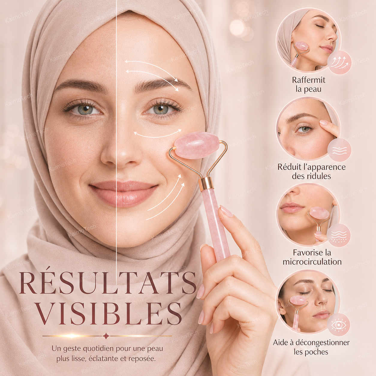 Rouleau facial en quartz rose KaimoTech pour massage du visage, conçu pour lisser la peau, illuminer le teint, raffermir l’apparence du visage et aider à réduire les poches sous les yeux.
