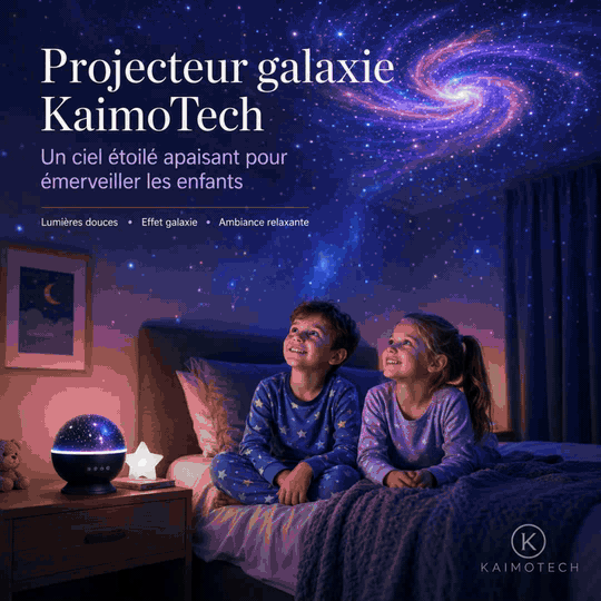GIF animé du projecteur galaxie KaimoTech avec projection d’étoiles, effet nébuleuse, lumière douce et ambiance relaxante pour chambre d’enfant, salon ou moments de détente.