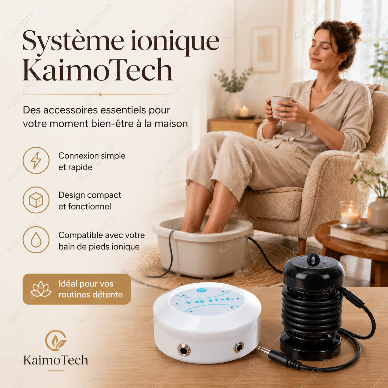Système ionique KaimoTech pour bain de pieds à domicile, présenté dans une ambiance cosy et bien-être. L’image montre une femme utilisant un foot spa, avec boîtier de commande, électrode ionique et accessoires pratiques pour une routine détente à la maison.