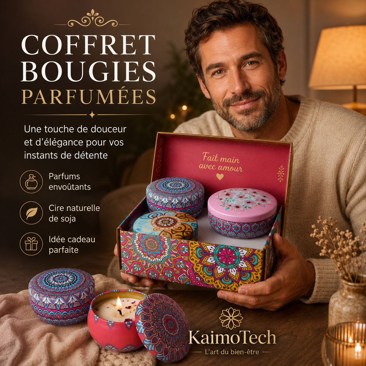 Coffret de bougies parfumées KaimoTech présenté par un homme, avec 4 bougies décoratives aux motifs colorés, cire naturelle de soja, ambiance chaleureuse, bien-être et idée cadeau raffinée