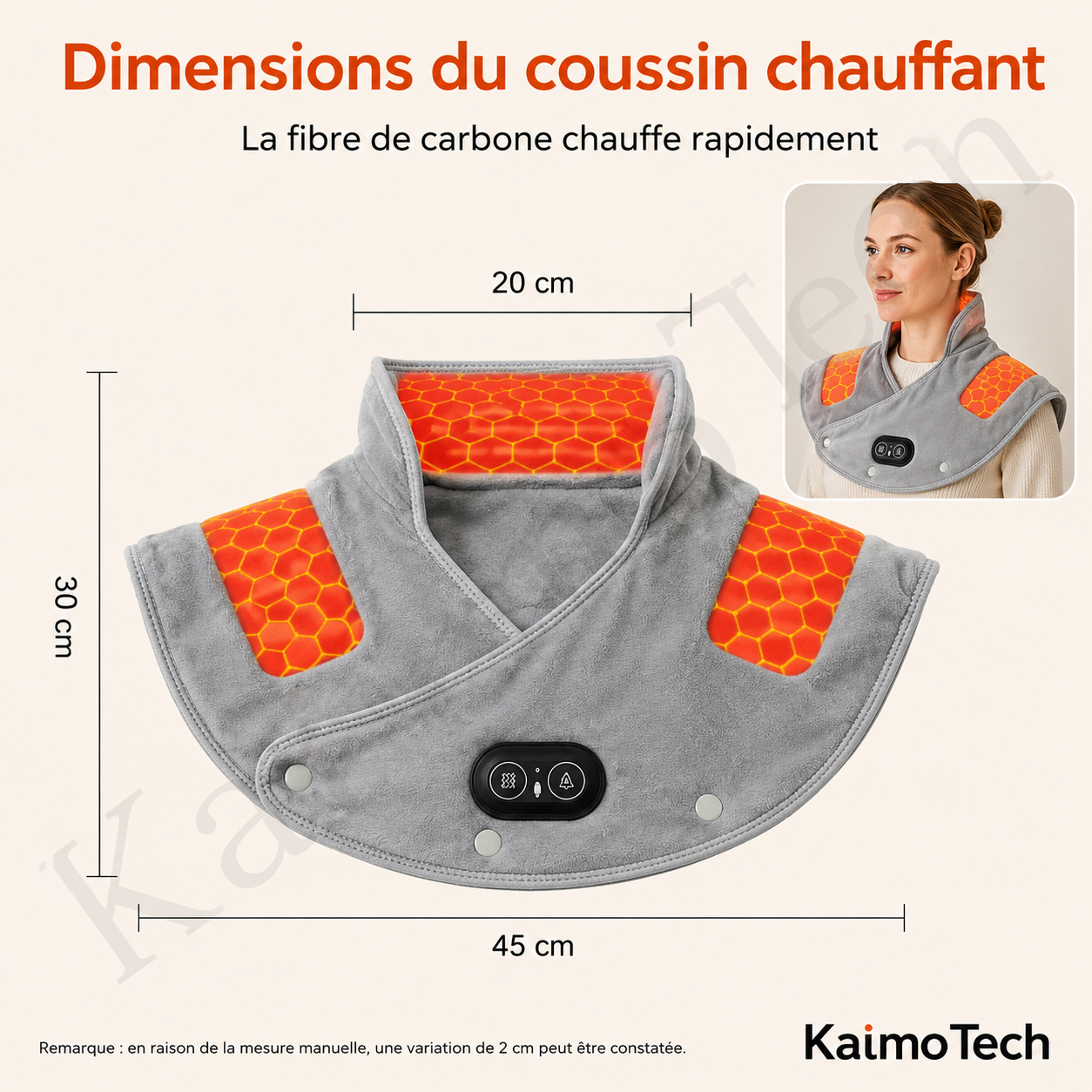 Coussin chauffant KaimoTech pour la nuque et les épaules avec zones de chaleur et dimensions du produit