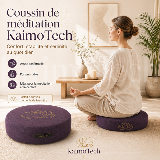 Coussin de méditation KaimoTech violet avec motif lotus doré, présenté dans un intérieur zen et lumineux pour améliorer le confort d’assise, la stabilité et la détente au quotidien.