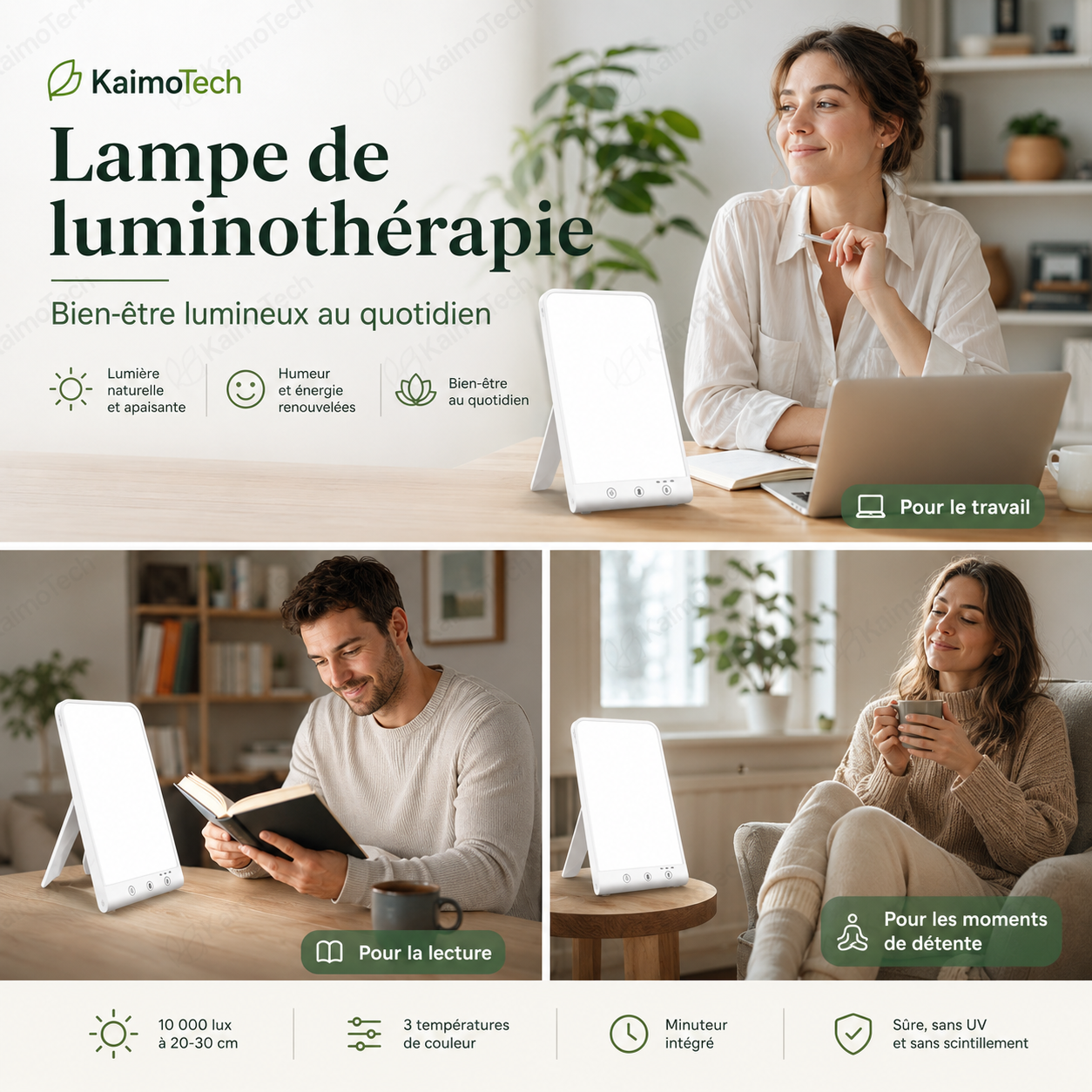 Lampe de luminothérapie KaimoTech pour le bien-être au quotidien, avec lumière naturelle 10 000 lux, 3 températures de couleur, minuterie intégrée et utilisation à la maison, au bureau, pour la lecture ou la détente