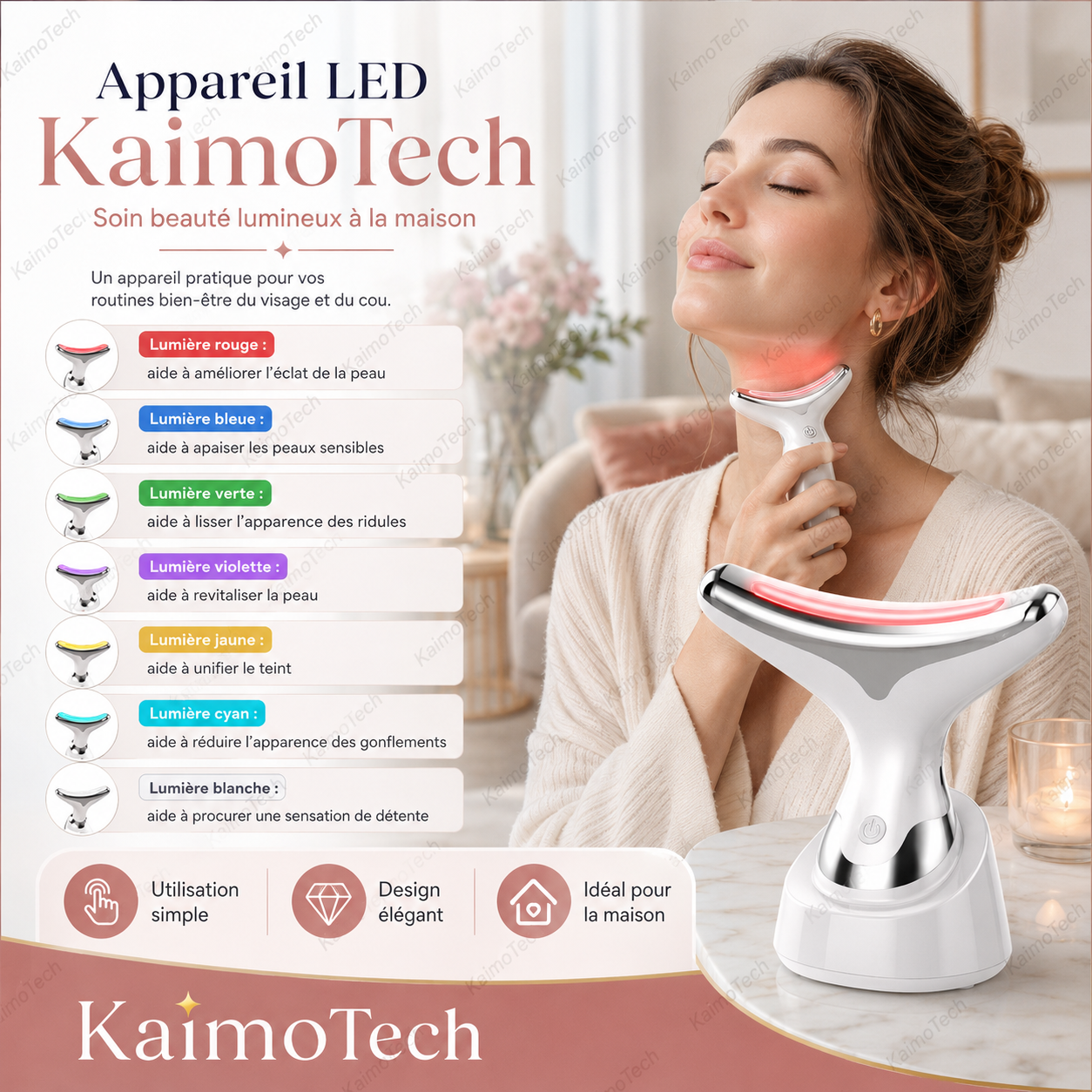 Appareil LED KaimoTech pour soin du visage et du cou, utilisé par une femme dans une routine beauté à la maison. Visuel produit présentant la lumière LED multicolore, le design élégant, l’utilisation simple et les accessoires bien-être pour le visage et le cou.