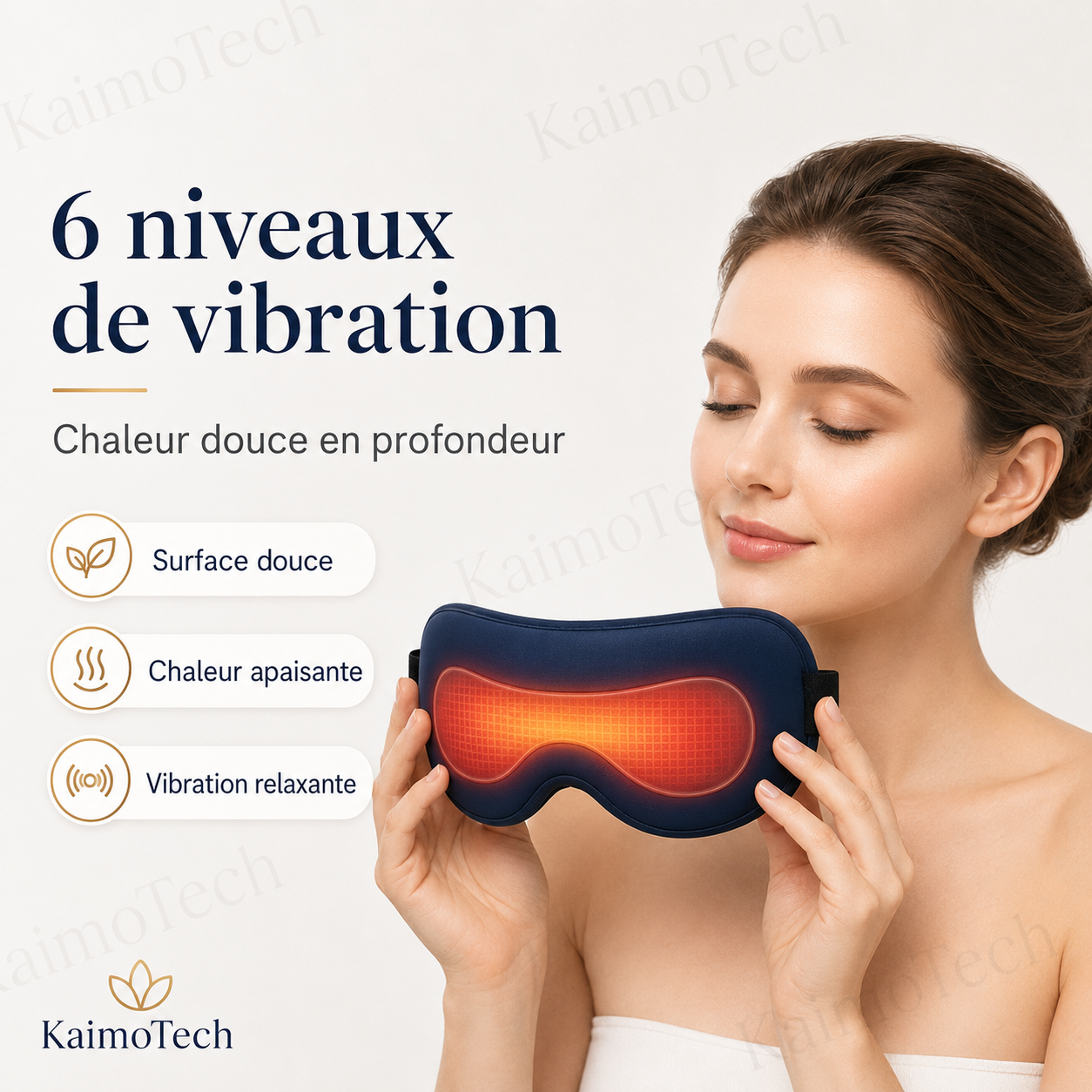 Masque chauffant 3D KaimoTech avec 6 niveaux de vibration, chaleur apaisante et surface douce pour une détente oculaire en profondeur.