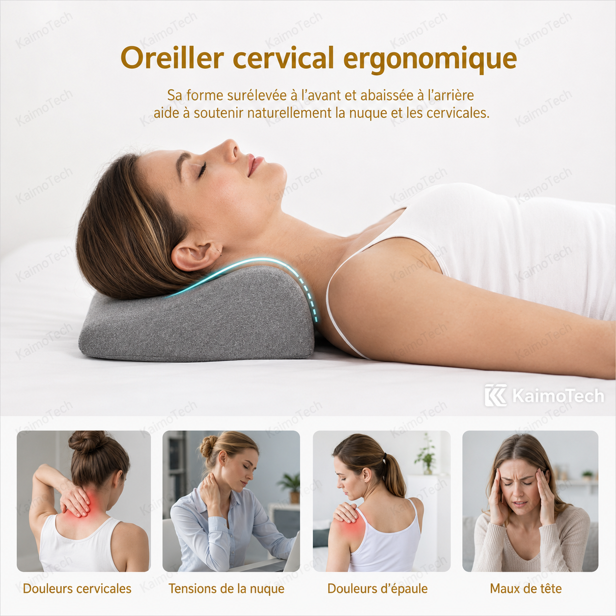 Oreiller cervical ergonomique KaimoTech en mousse à mémoire de forme, avec soutien de la nuque, des cervicales et des épaules, conçu pour accompagner la courbe naturelle du cou et améliorer le confort en cas de tensions cervicales, douleurs d’épaule ou maux de tête