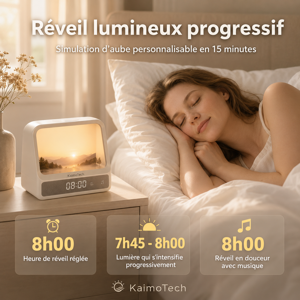 Réveil lumineux progressif KaimoTech avec simulation d’aube personnalisable en 15 minutes, affichage LED 8h00 et réveil en douceur avec musique, posé sur une table de chevet dans une chambre lumineuse pour améliorer la routine du sommeil.