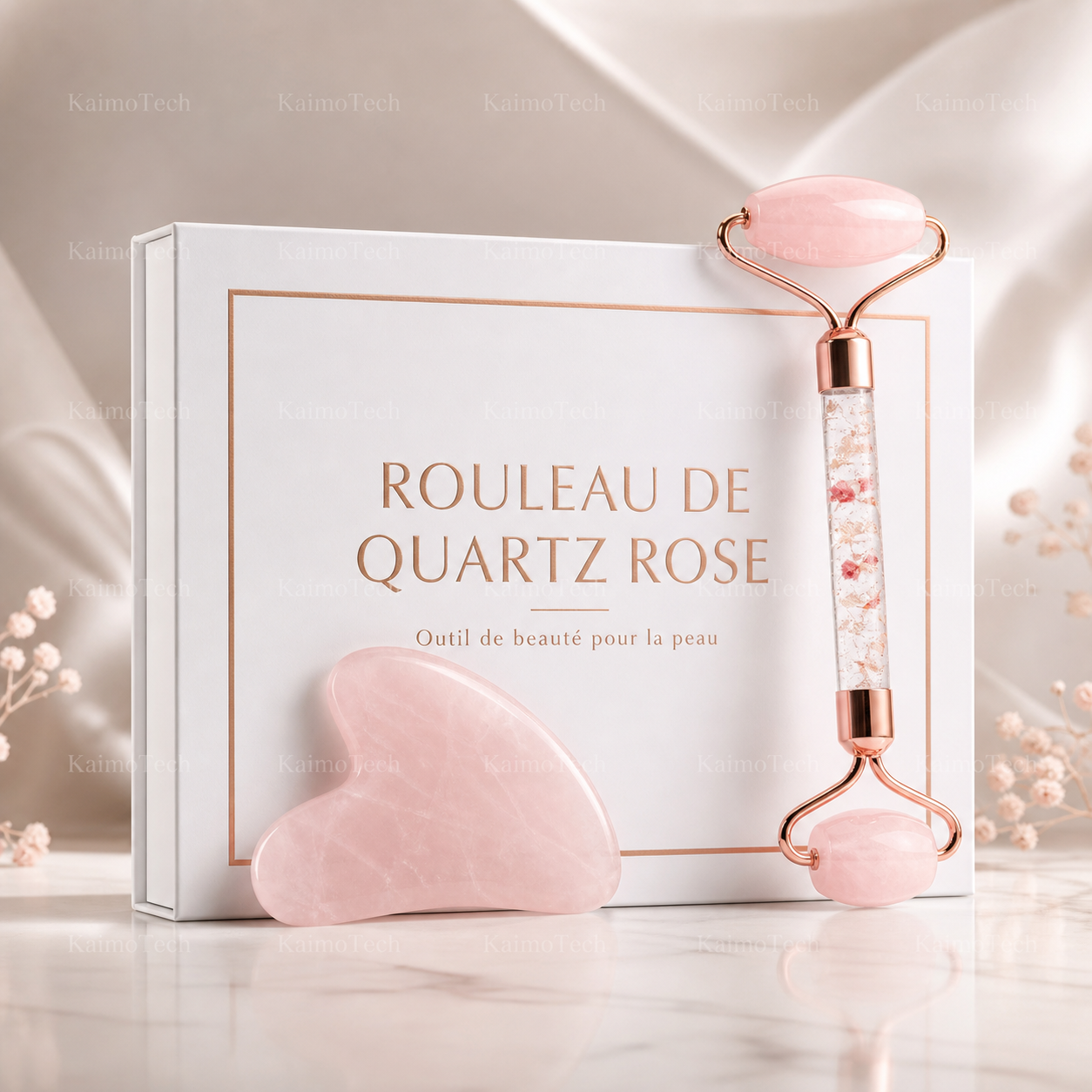 Coffret rouleau de quartz rose avec pierre Gua Sha assortie, présenté dans un style doux et élégant. Outil de beauté pour le visage idéal pour une routine de massage quotidienne, avec finitions rose gold et pierre rose polie pour une expérience bien-être raffinée.
