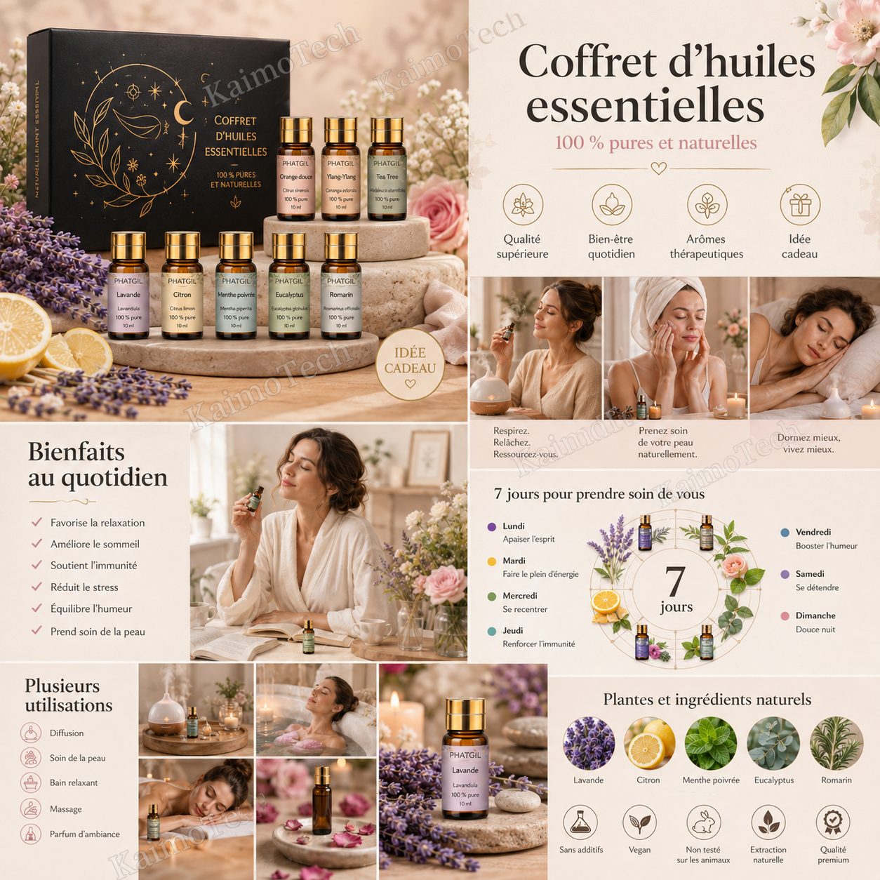 Coffret d’huiles essentielles distribué par KaimoTech, avec huiles 100 % pures et naturelles, bienfaits au quotidien, rituel bien-être sur 7 jours, usages multiples et ingrédients naturels comme la lavande, le citron, la menthe poivrée, l’eucalyptus et le romarin.