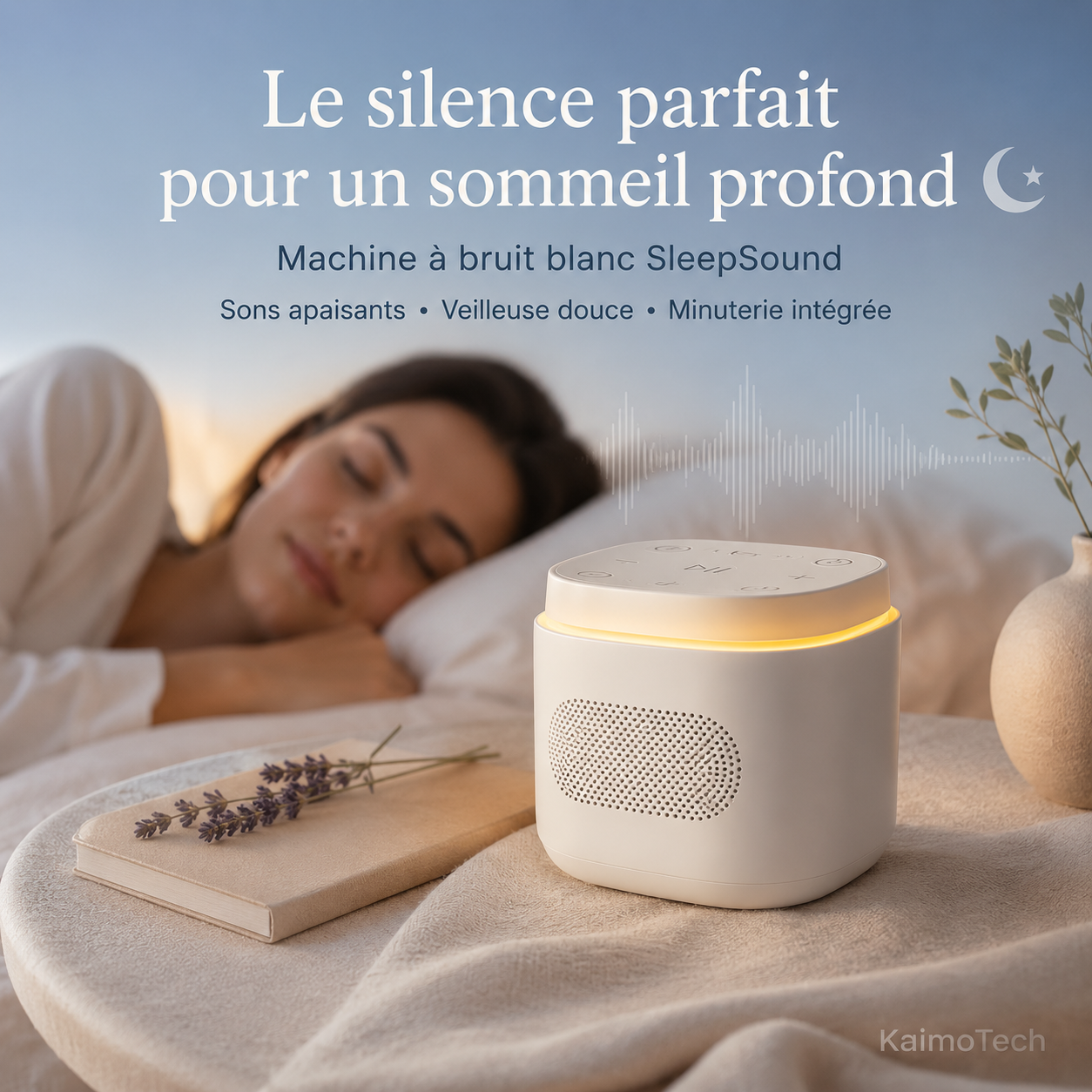 Machine à bruit blanc SleepSound KaimoTech avec veilleuse intégrée, sons apaisants et minuterie, utilisée dans une chambre pour créer une ambiance douce et relaxante avant le sommeil