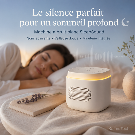 Machine à bruit blanc SleepSound KaimoTech avec veilleuse intégrée, sons apaisants et minuterie, utilisée dans une chambre pour créer une ambiance douce et relaxante avant le sommeil